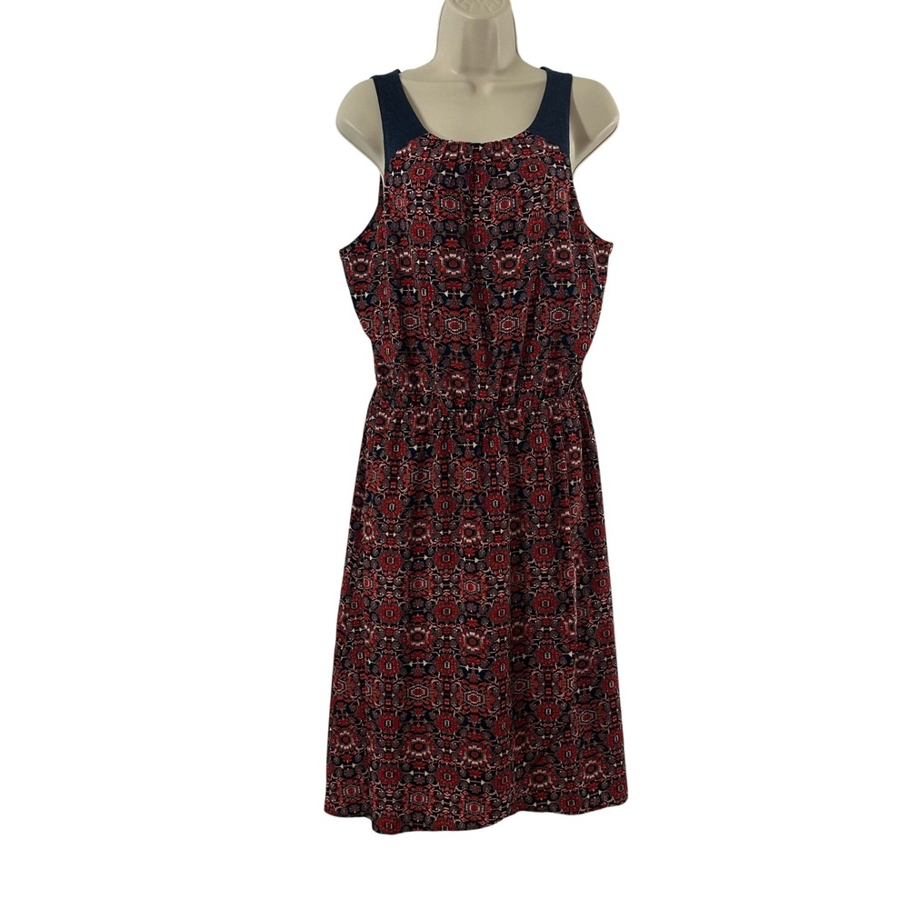 Athleta Womens Medium Red Navy Medallion Tile Print Sleeveless Midi Dress Tassel